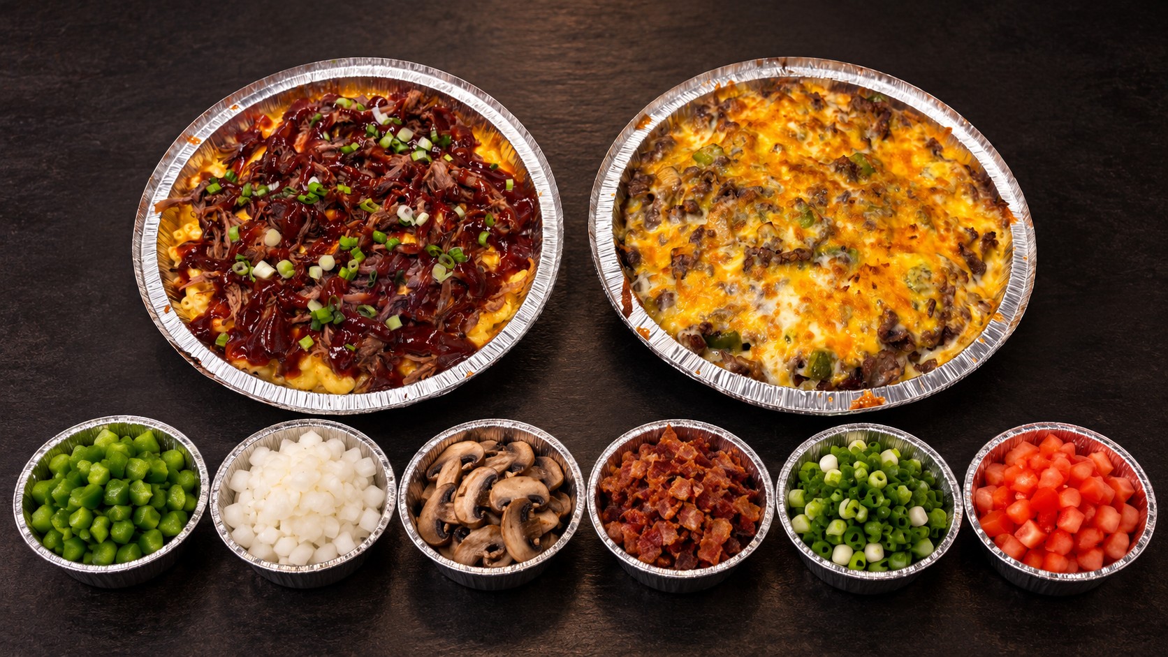Two build-your-own mac and cheese pans with six topping cups of peppers, onions, mushrooms, bacon, scallions, and tomatoes